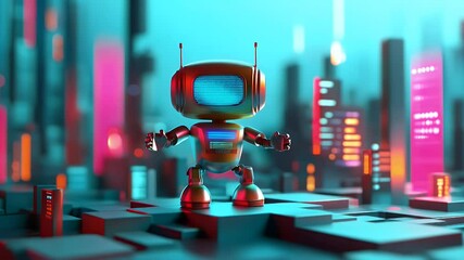 Retro futuristic robot in a stylized city - Powered by Adobe