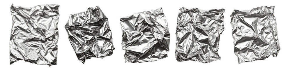 Crumpled Silver Aluminum Foil Textures for Creative Background Use, Isolated on Transparent, white background