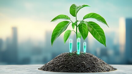 Plant Growth in Test Tubes on Soil Bed in Urban Environment with Blurry City Background