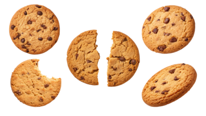 Delicious chocolate chip cookies in various stages of consumption.