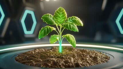 Vibrant Green Plant Growing in Futuristic Environment with Neon Accents and Soft Lighting