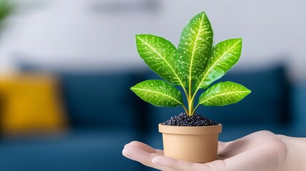 Green Houseplant in Hand with Vibrant Leaves and Decorative Pot for Interior Decor