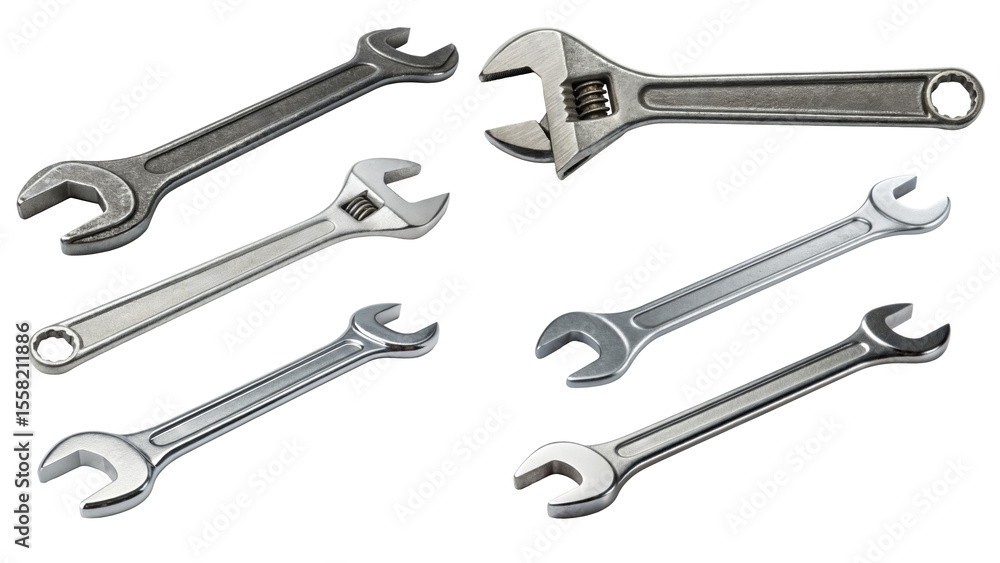 Poster wrenches in various sizes and shapes arranged together.
