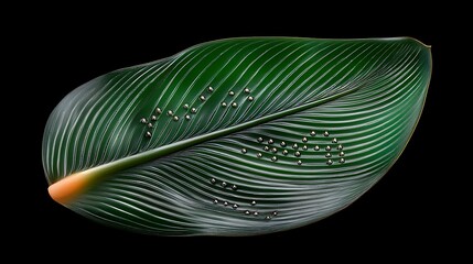 Vibrant Green Leaf with Water Droplets Resting on a Dark Background in High Detail