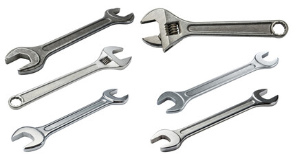 Wrenches in various sizes and shapes arranged together.