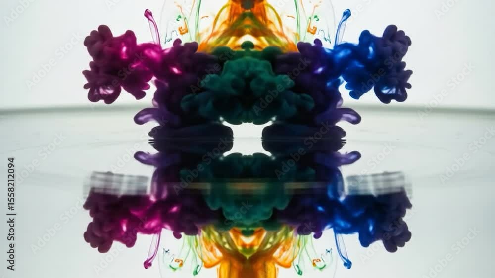 Poster vibrant multicolored ink clouds in water, mirrored reflection creating symmetrical abstract artwork
