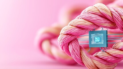 Digital Innovation with Colorful Rope and Circuit Board Technology on a Soft Pink Background