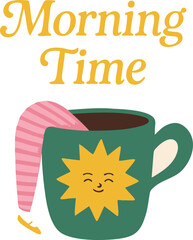 Cute vector illustration of a cozy morning scene with a smiling sun, coffee cup, and pink striped sock. Perfect for print, cards, or kids' designs.