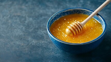 Fresh Honey Dripping from a Wooden Dipper in a Blue Bowl on a Rustic Surface