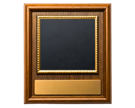 Wooden award plaque with a black plate and a blank nameplate on a transparent background