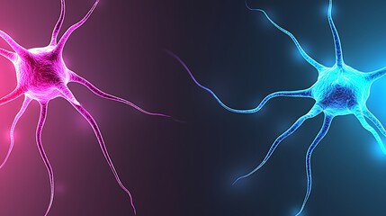 Colorful Neurons with Glowing Axons Demonstrating Neurotransmission and Brain Activity