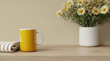 Bright Yellow Mug on Wooden Table with White Flowers in Vase and Soft Cloth Nearby
