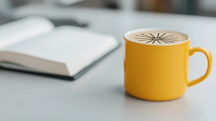 Bright Yellow Coffee Mug with Decorative Foam Art on Table Next to Open Book