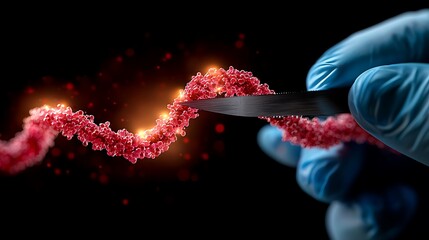 Detailed Close-Up of Laboratory Hand Cutting DNA Strand with Precision Using Surgical Knife