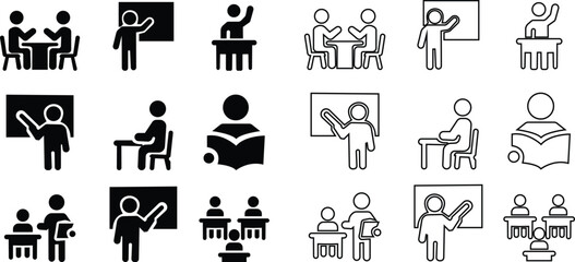 Teaching classroom icon set, Students who learn and grow on their own with various subjects. Education content vector, Teachers, Professors, , education, books, instruct, knowledge and pedagogy icons