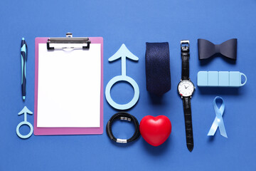 Male sign with clipboard, heart, ribbon and male accessories on blue background. Prostate cancer...