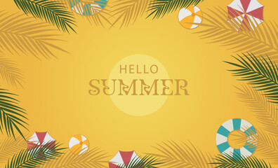 Summer Sale Banner with Beach Ball, Swim Ring, Umbrella, and Tropical Leaves – Colorful Vector for Promotion & Ads