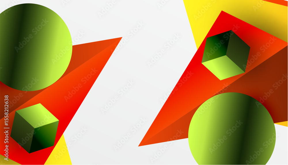 Poster abstract composition featuring geometric shapes. spheres, cubes, triangles overlap, creating vibrant