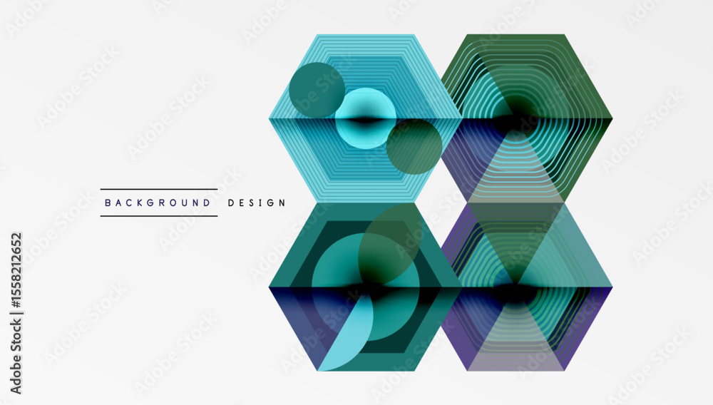 Poster Abstract geometric design features layered hexagons. Teal, purple hues create modern visual effect. Minimalist style, clean background.