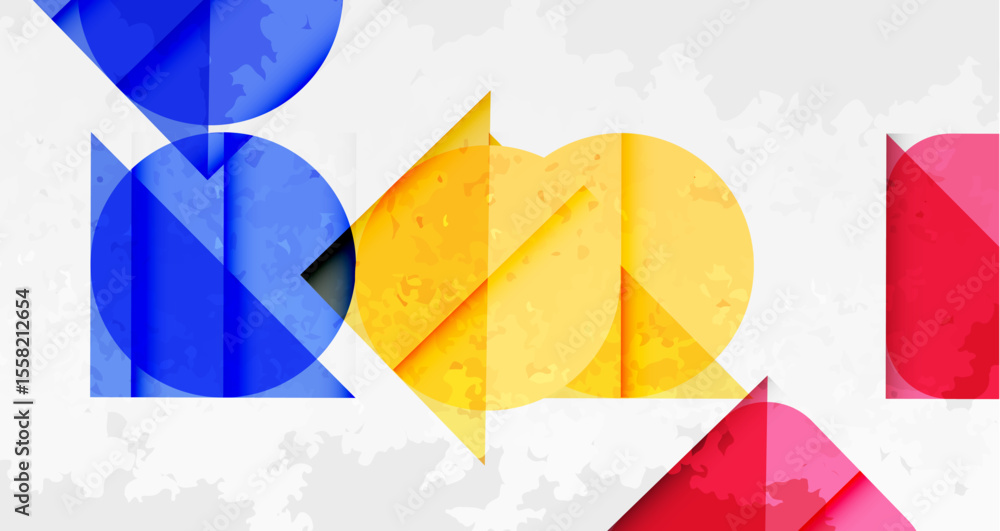 Poster abstract geometric shapes, vibrant colors, layered design. blue, yellow, pink elements create dynami