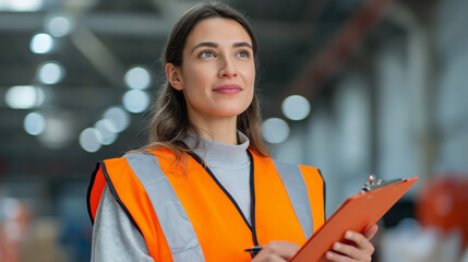 Female safety inspector with clipboard in a high-visibility vest at a construction site. A focus on workplace safety, technical oversight, and professional responsibility in industrial environments.