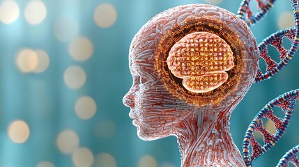3D Rendering of Human Head with DNA Helix and Glowing Brain Symbolizing Intelligence and Innovation