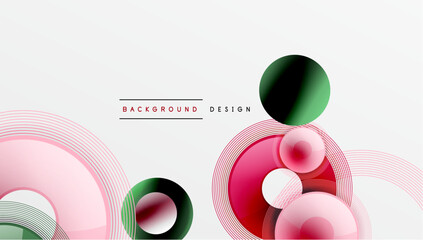 Abstract design features overlapping circles, lines. Colors include pink, green, red. Modern aesthetic, clean presentation.