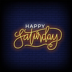 happy saturday neon sign with brick wall background vector
