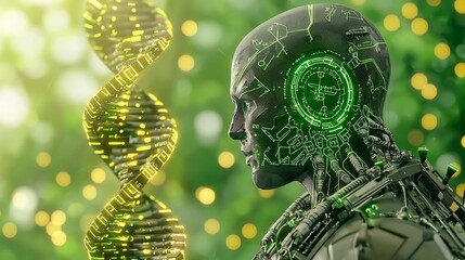 Futuristic Robot with DNA Helix and Circuit Patterns Surrounded by Nature Elements