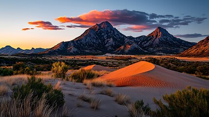 Majestic Sunset Over Desert Dunes and Mountains with Vivid Clouds in the Evening Sky