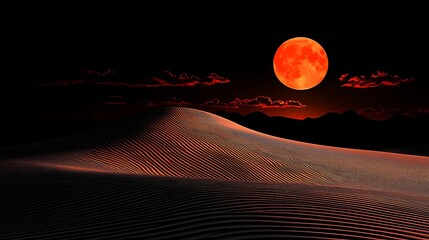 Serene Desert Landscape Under a Full Blood Moon with Gentle Shadows and Warm Hues