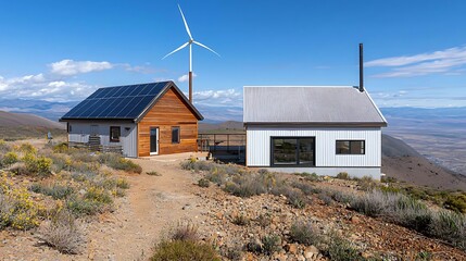 Modern Eco-Friendly Homes with Solar Panels and Wind Turbine on Mountain Landscape