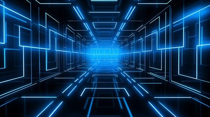 Flat neon blue panels aligned perfectly in a dark void, forming an orderly digital architecture.