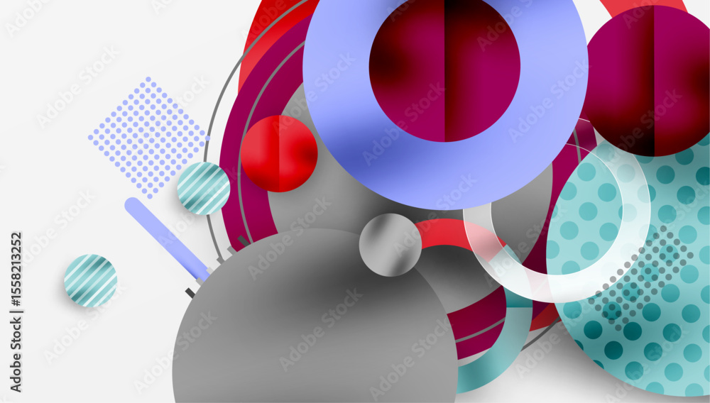 Aufkleber Abstract composition. Overlapping circles, rectangles, lines create dynamic visual effect. Colors include red, teal, purple, gray. Modern design.