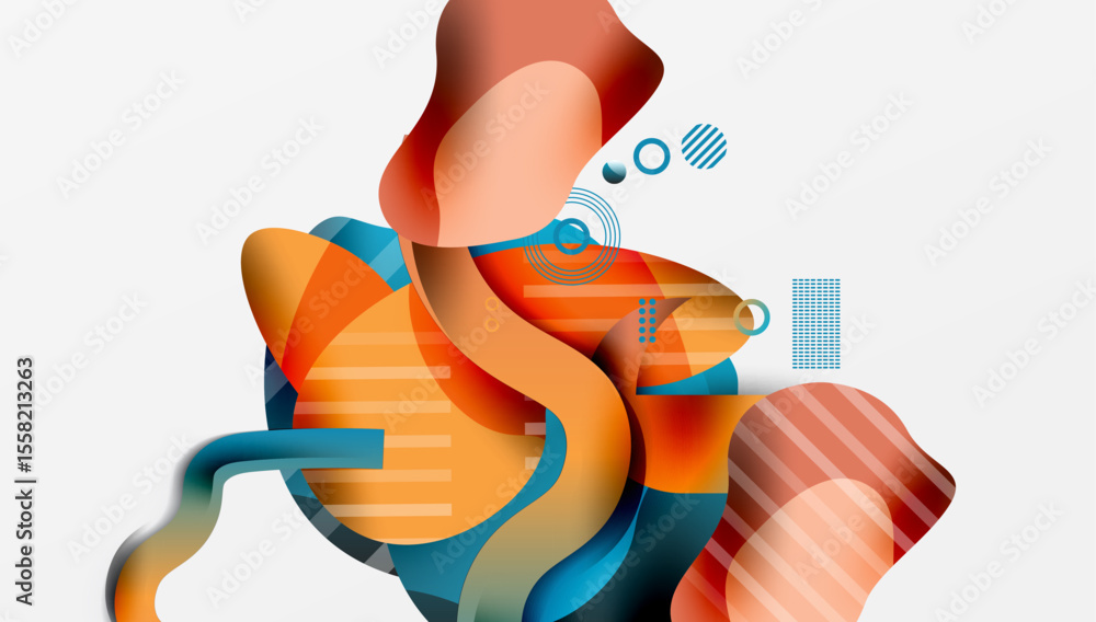 Poster Abstract shapes, vibrant colors, layered design. Fluid forms create dynamic composition, modern aesthetic.