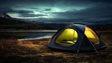 Camping tent glowing at dusk near serene lake and mountains, nature adventure scene