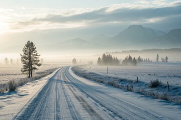 Snowy road curves through a serene winter landscape with distant mountains and a solitary tree under a cloudy sky