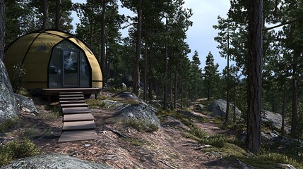 Unique Dome Cabin Surrounded by Lush Pine Forest Pathway with Rocks and Scenic Landscape