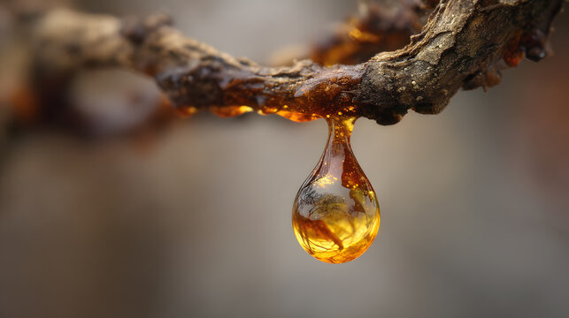 Golden Teardrop: Close-up of a single, glistening resin teardrop hanging from a branch, offering a window into the heart of a tree.