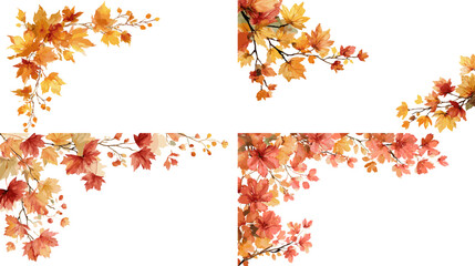 Elegant watercolor autumn corner elements with falling maple leaves in orange and red tones—perfect for seasonal invitations, decor, and greeting cards.


