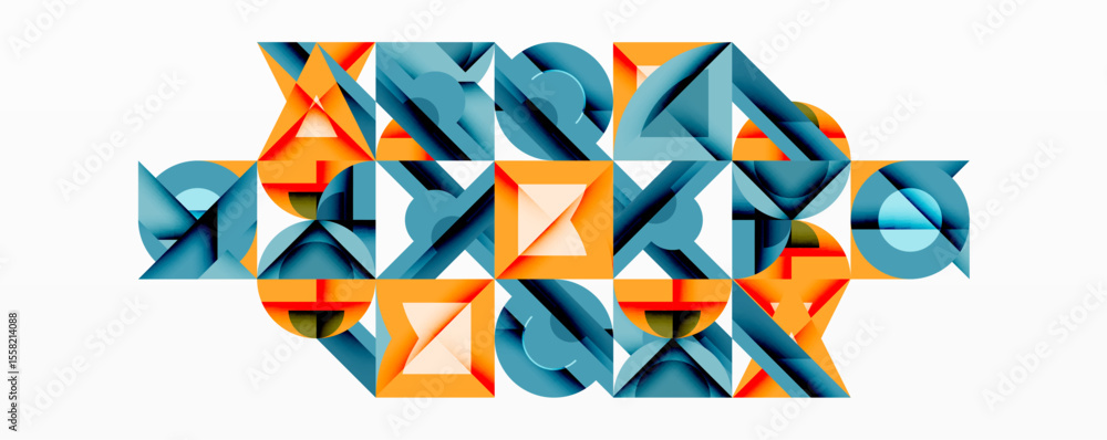 Poster Abstract geometric composition. Orange, blue shapes interlock, creating complex visual texture. Modern design, clean lines dominate.