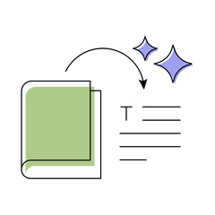 AI Summarizer Vector Icon. Open Book with Text and Arrows. Automated Text Summarization, Content Reduction, AI-Powered Writing Tools, Efficient Writing Solutions, Smart Content Tools.