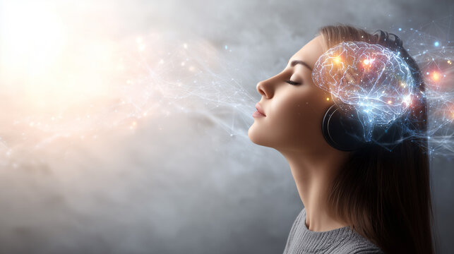 Woman meditating with headphones, visualizing mental clarity and inner peace. Concept of mindfulness, mental health, brain activity, and audio therapy for relaxation and focus.