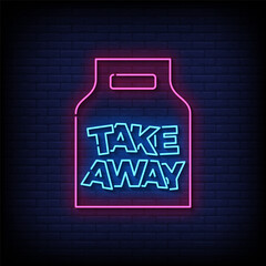 take away neon sign with brick wall background vector