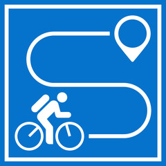 Bicycle trail sign. Way with point to point. Map with cyclist route. Bike and pin.