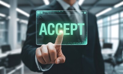 businessman touching holographic accept button in office