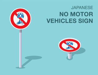 Traffic regulation rules. Isolated japanese "no motor vehicles" road sign. Front and top view. Flat vector illustration template.