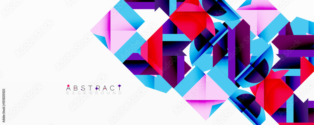Poster Bright geometric shapes overlap, creating dynamic abstract composition. Vivid colors blend, forming modern visual experience.