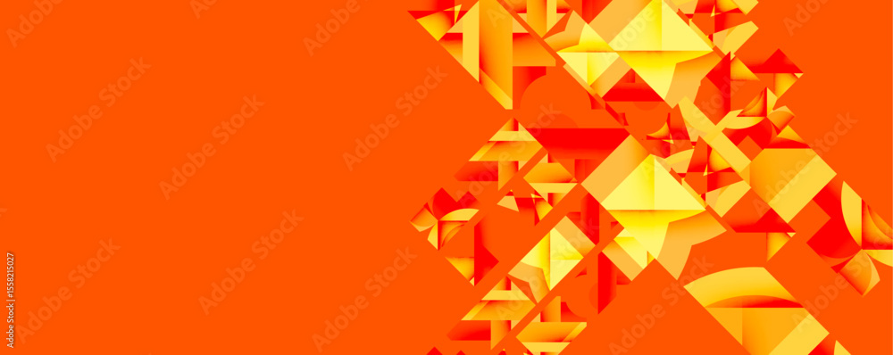 Poster abstract geometric shapes, vibrant orange hues dominate composition. fragmented forms suggest dynami