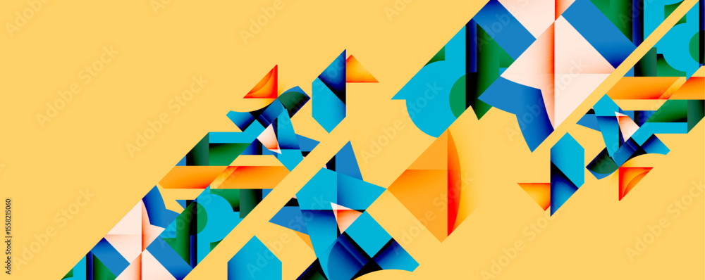 Aufkleber Abstract geometric shapes overlap, creating dynamic composition. Bright colors contrast against yellow background. Modern design elements present.
